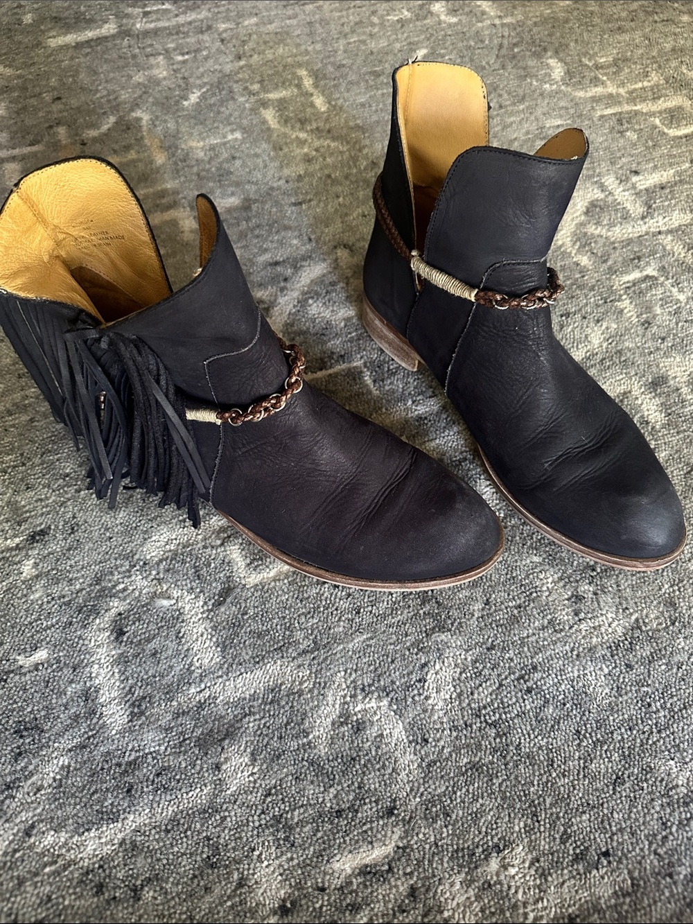 Women’s Black Fringe Ankle Boots with Chain Accent